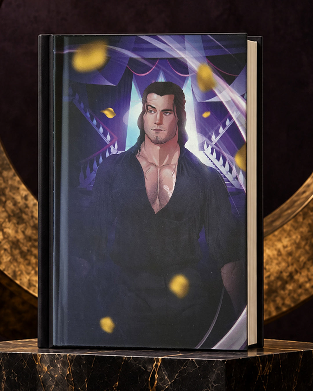 Break Her illustrated case hardcover in an obsidian and gold editorial setting