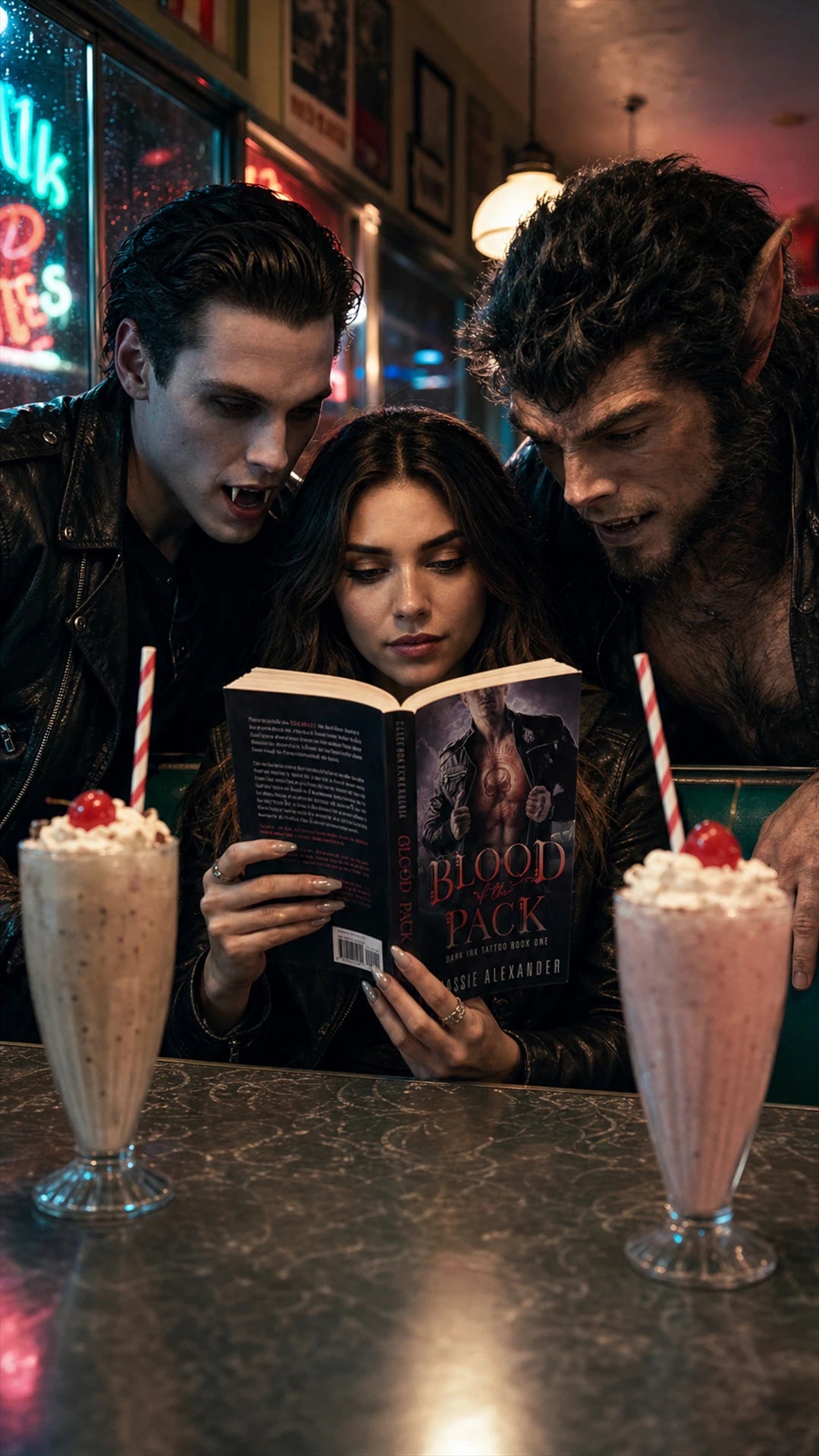 Fantasy scene: a vampire and werewolf join a woman reading in a diner