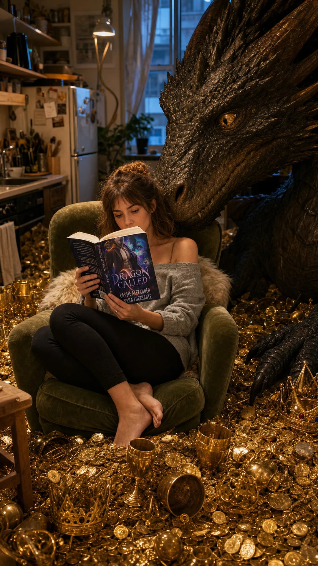 Fantasy scene: a dragon curls around a woman reading among his treasures
