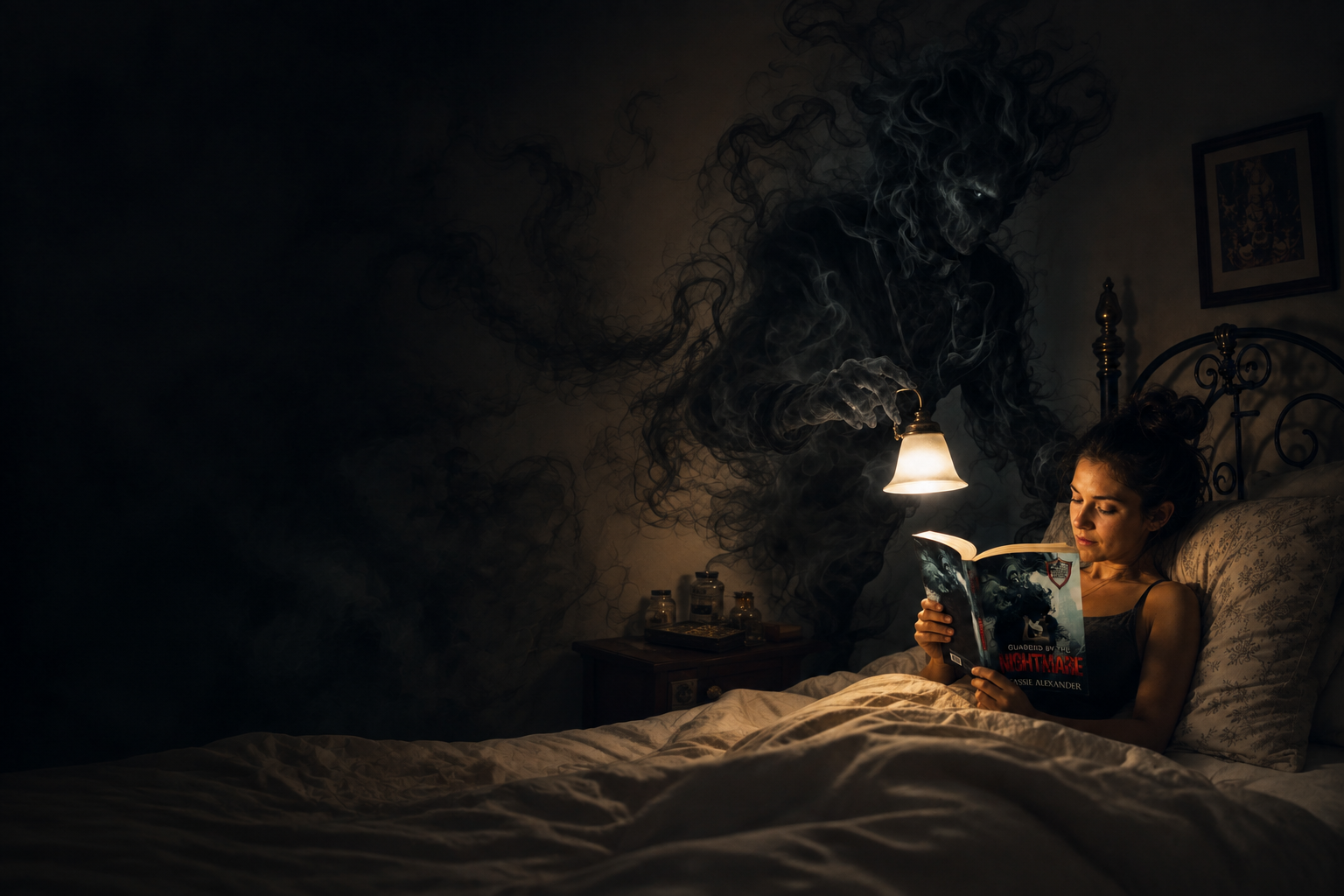 Fantasy scene: Nightmare holds the lamplight for a woman reading his book in bed