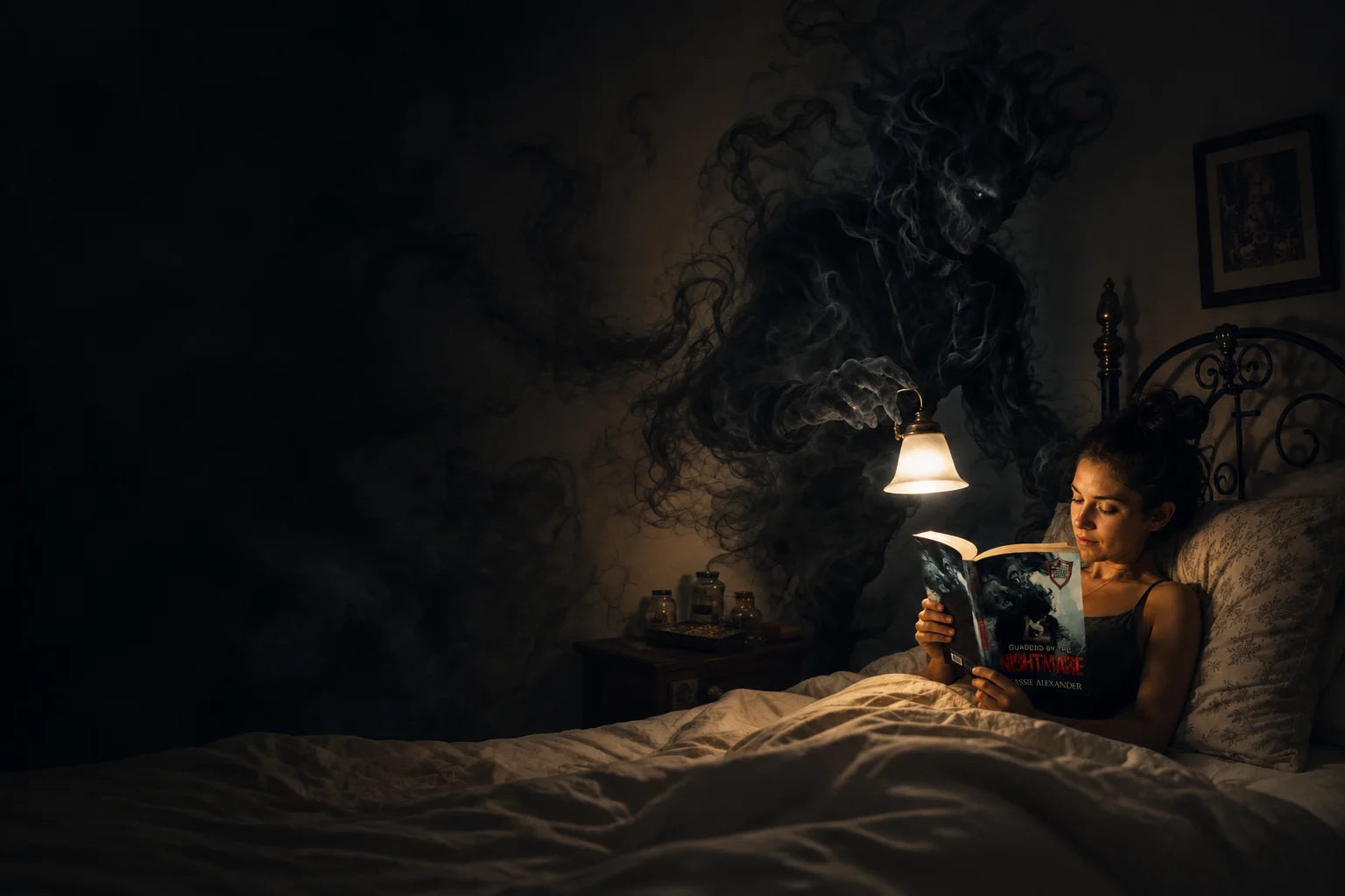 Fantasy scene: Nightmare holds the lamplight for a woman reading his book in bed