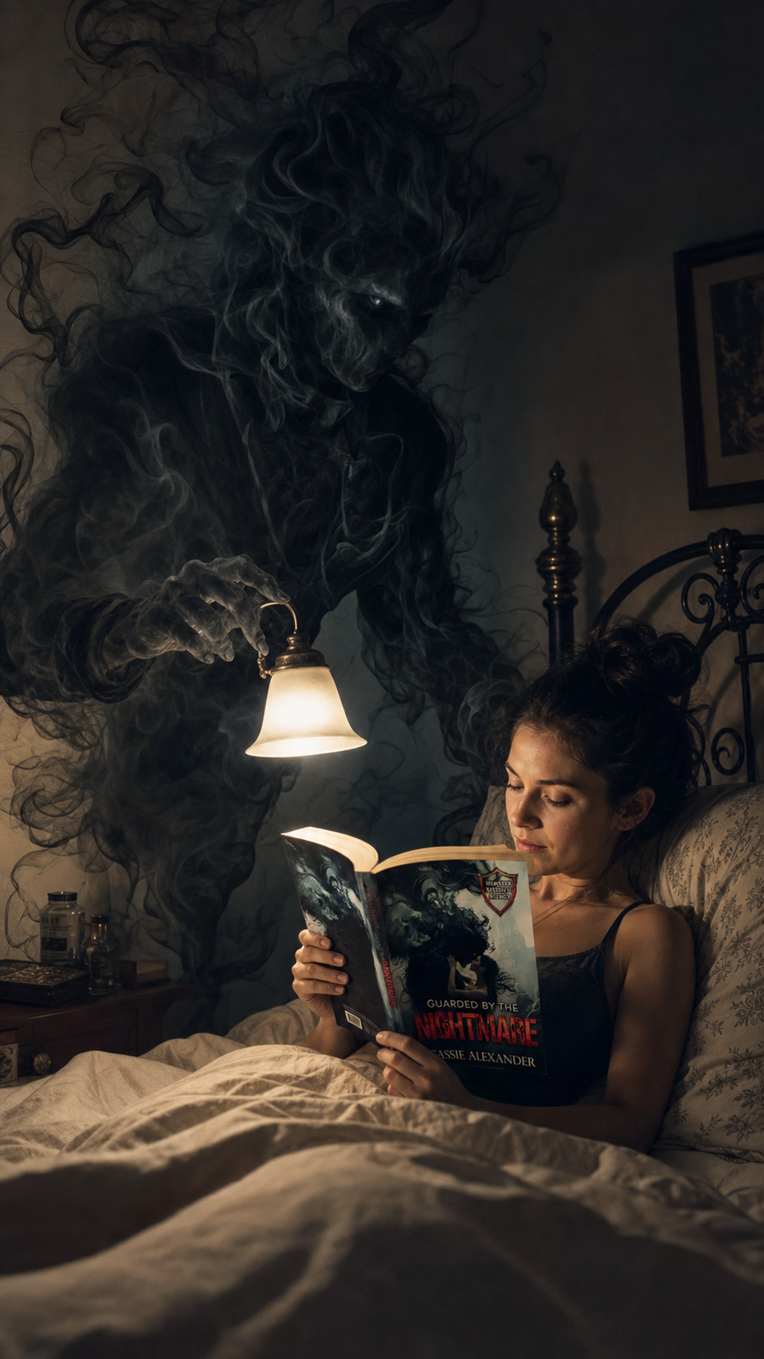 Fantasy scene: Nightmare holds the light for a woman reading in bed
