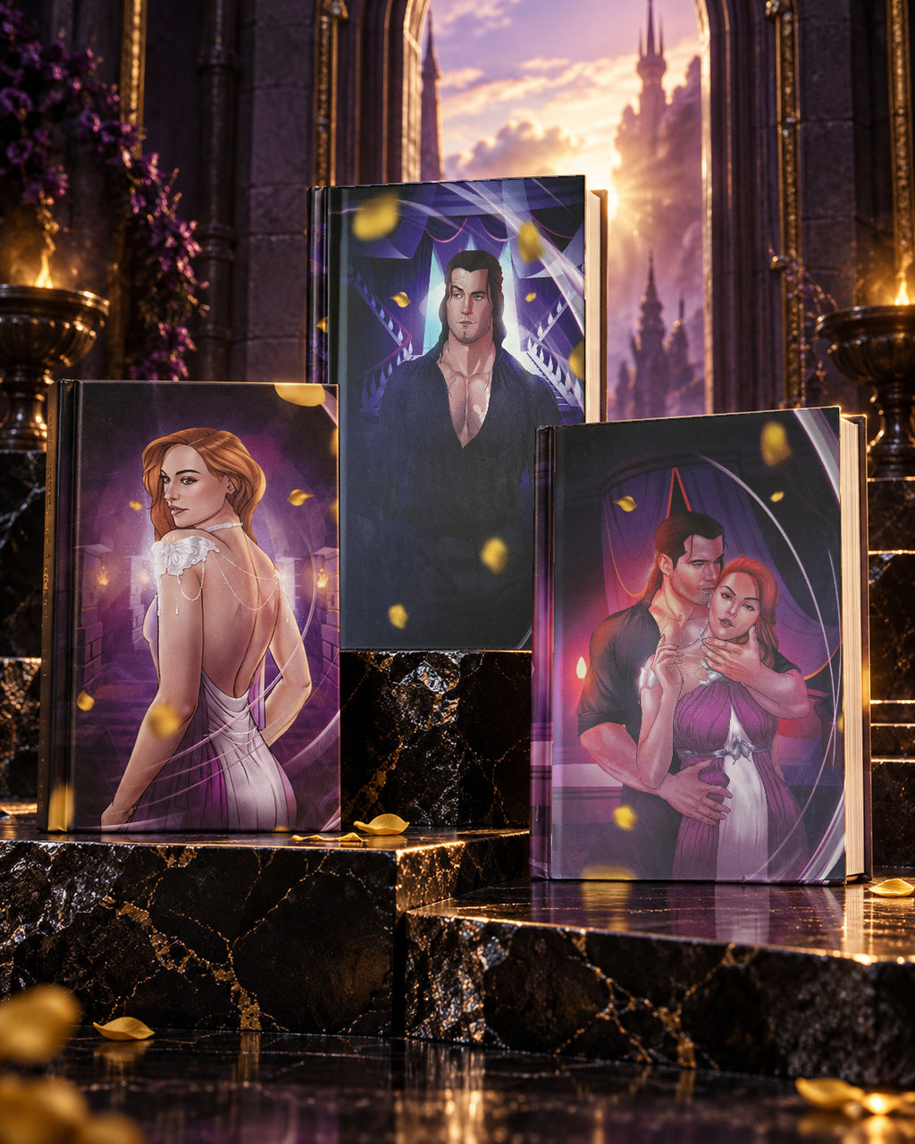 Bend Her, Break Her, and Make Her illustrated hardcover cases together on black marble