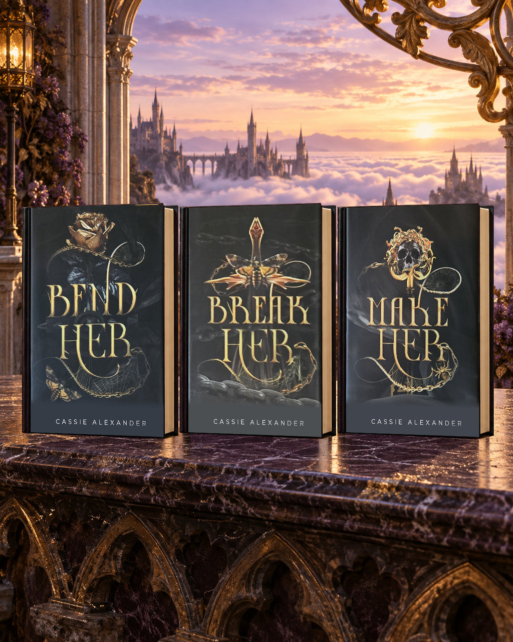 The Transformation Trilogy dust-jacket hardcovers overlooking a fantasy skyline
