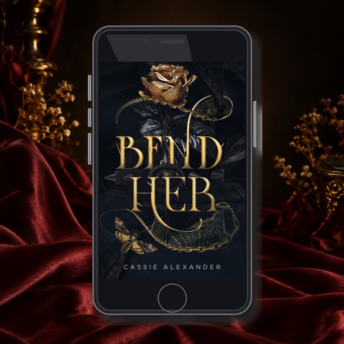 Bend Her audiobook displayed on a phone in an oxblood editorial scene
