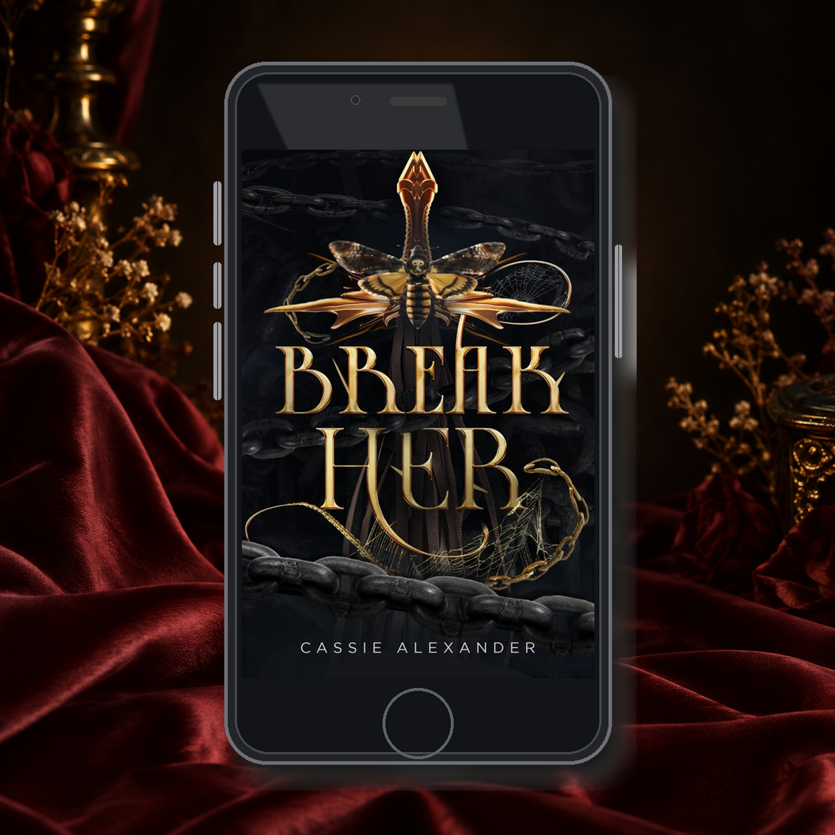 Break Her audiobook displayed on a phone in an oxblood editorial scene