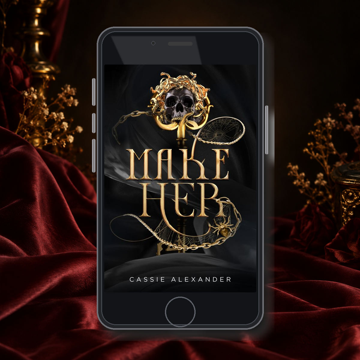 Make Her audiobook displayed on a phone in an oxblood editorial scene