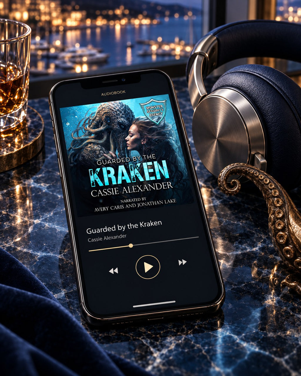 Guarded by the Kraken audiobook — approved phone and headphones editorial