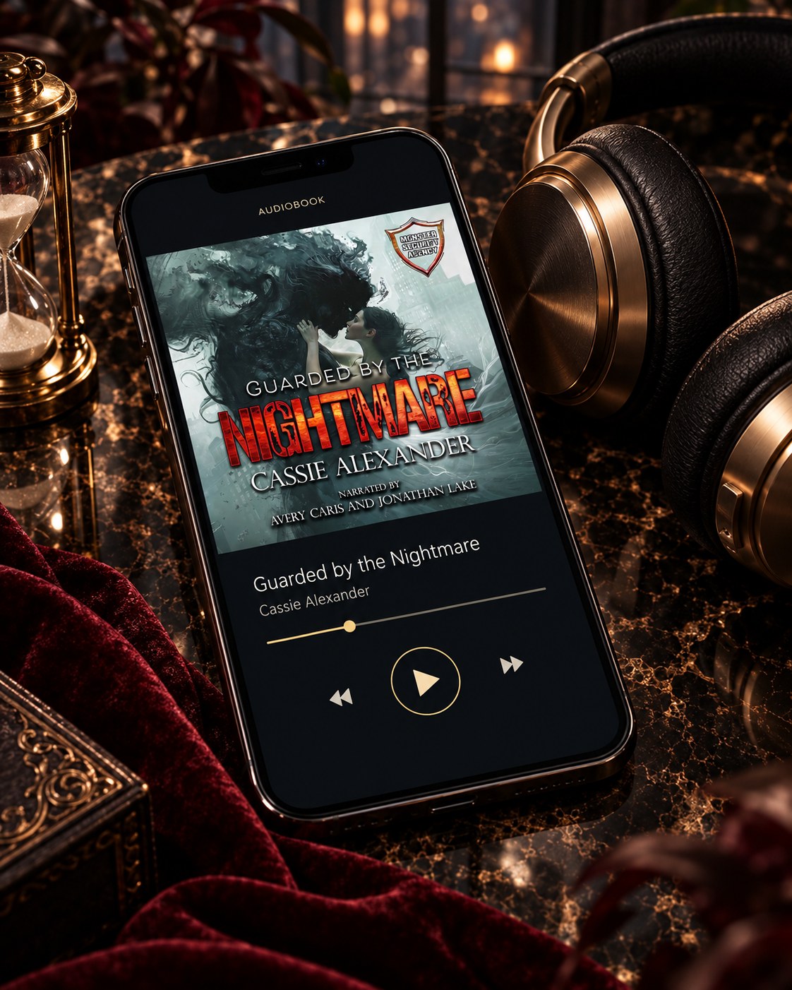 Guarded by the Nightmare audiobook — approved phone and headphones editorial