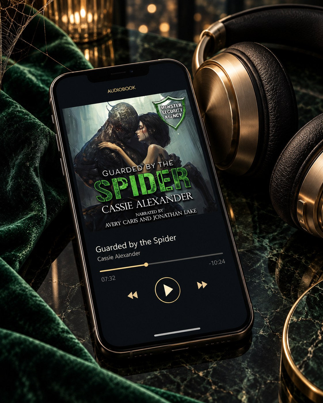 Guarded by the Spider audiobook — approved phone and headphones editorial