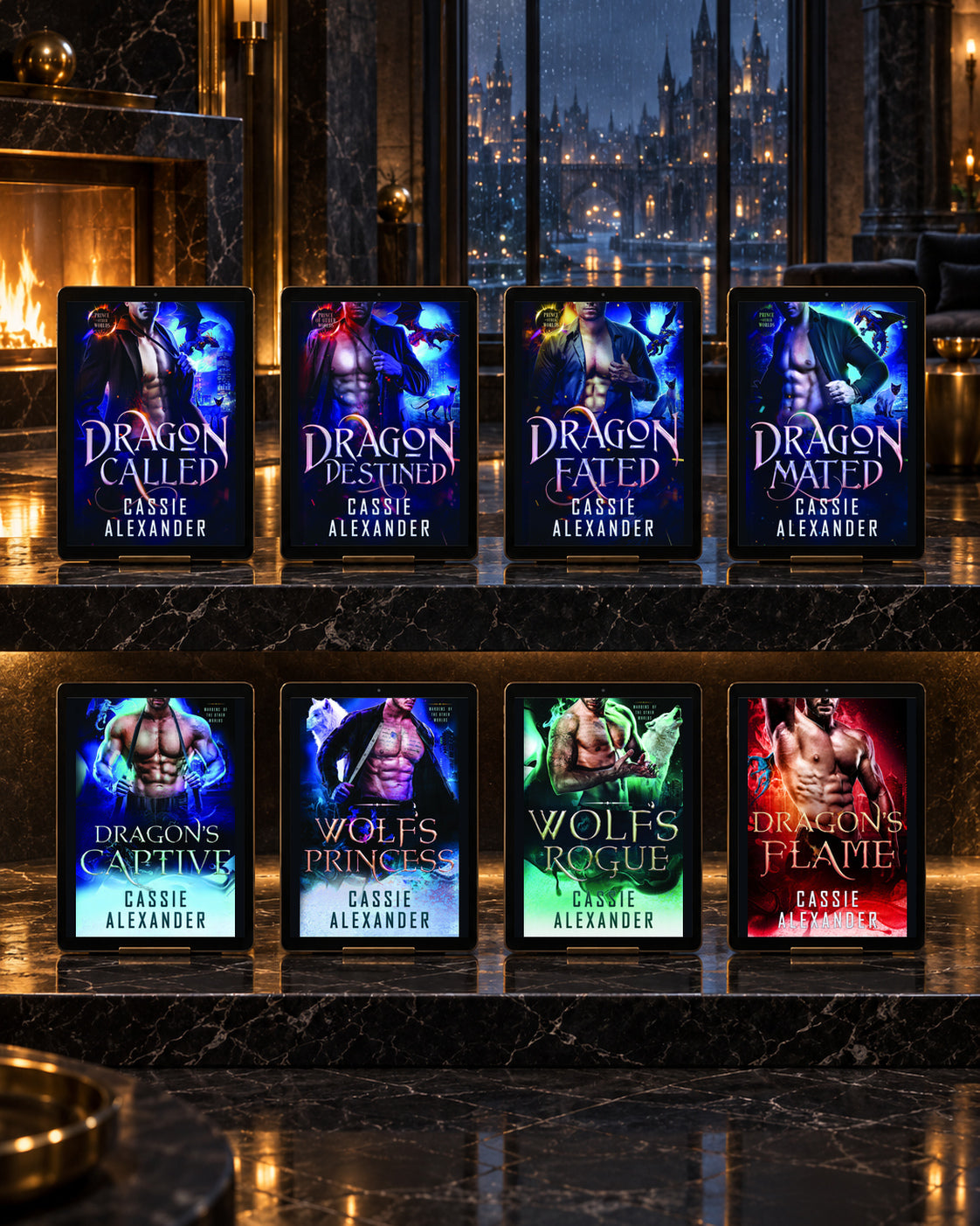 Prince of the Other Worlds eight ebook covers in reading order, displayed on tablets in a candlelit castle library