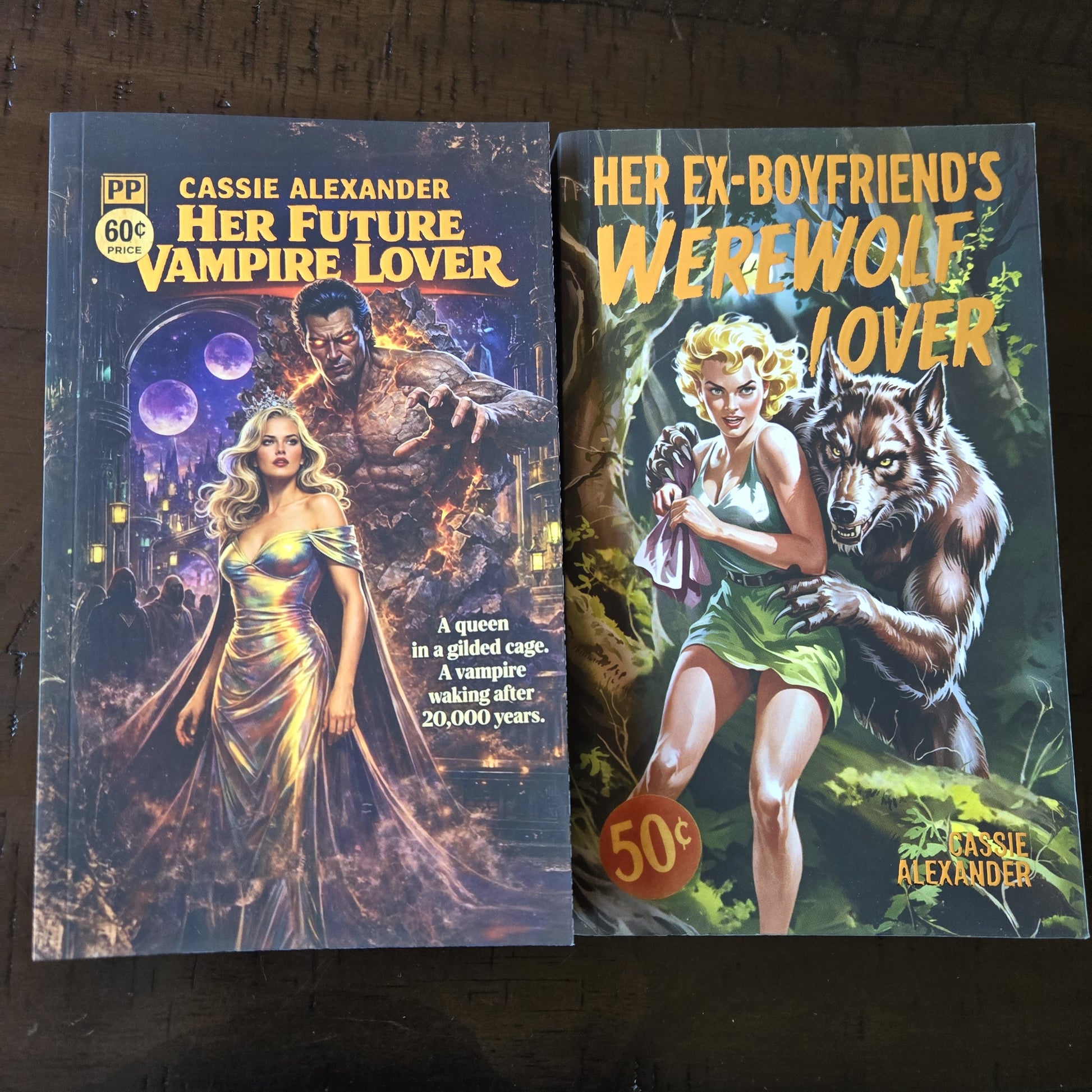 Limited retro paperback set with Her Future Vampire Lover and Her Ex-Boyfriend's Werewolf Lover by Cassie Alexander