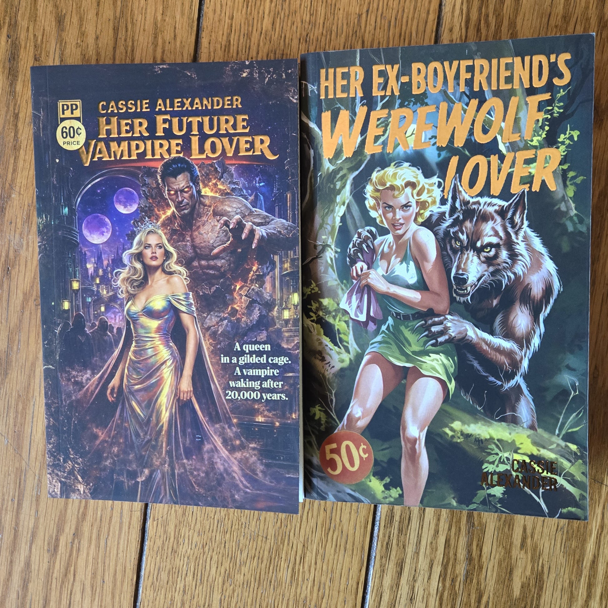 Limited retro paperback set with Her Future Vampire Lover and Her Ex-Boyfriend's Werewolf Lover by Cassie Alexander