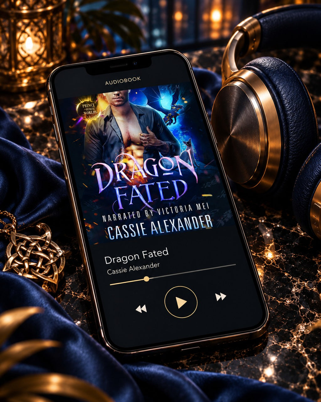Dragon Fated audiobook — phone and headphones editorial