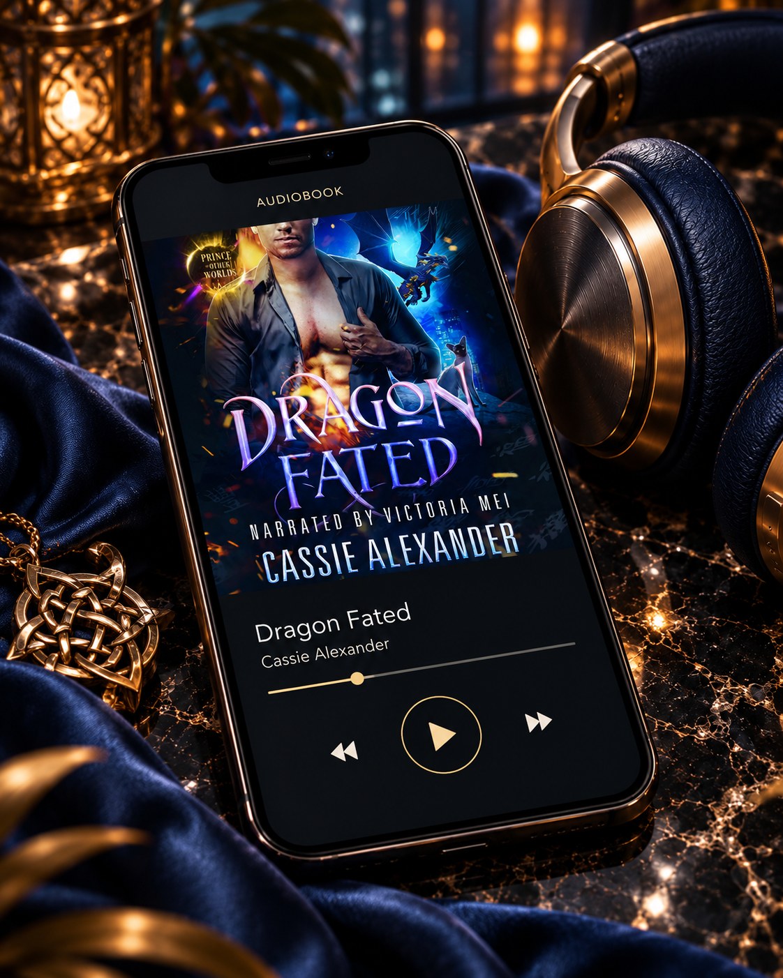 Dragon Fated audiobook — phone and headphones editorial