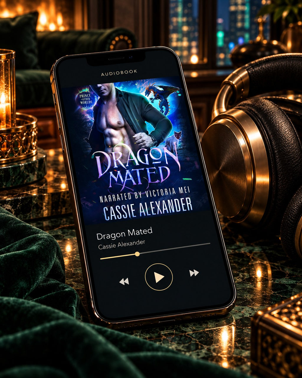 Dragon Mated audiobook — phone and headphones editorial