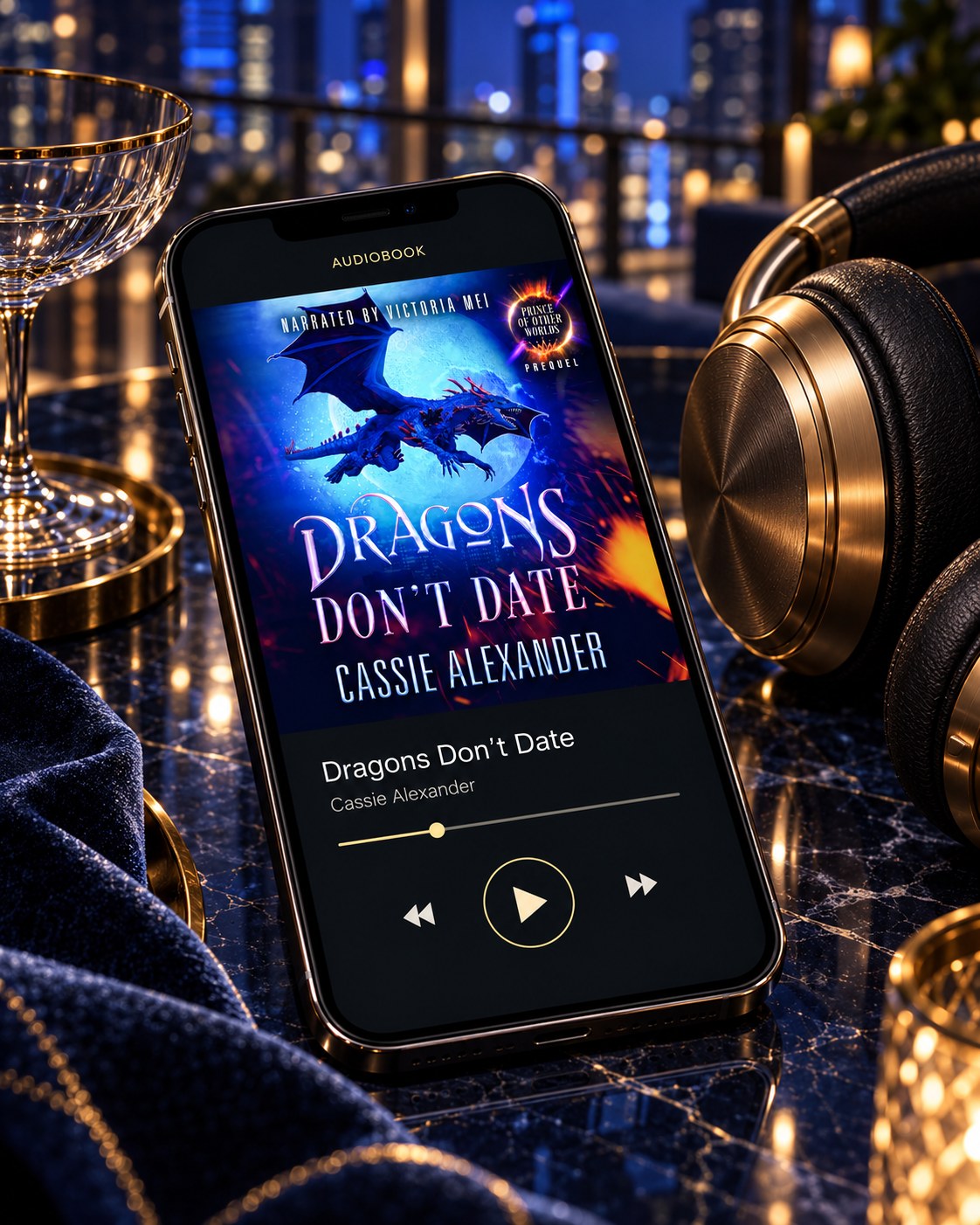 Dragons Don't Date audiobook — phone and headphones editorial