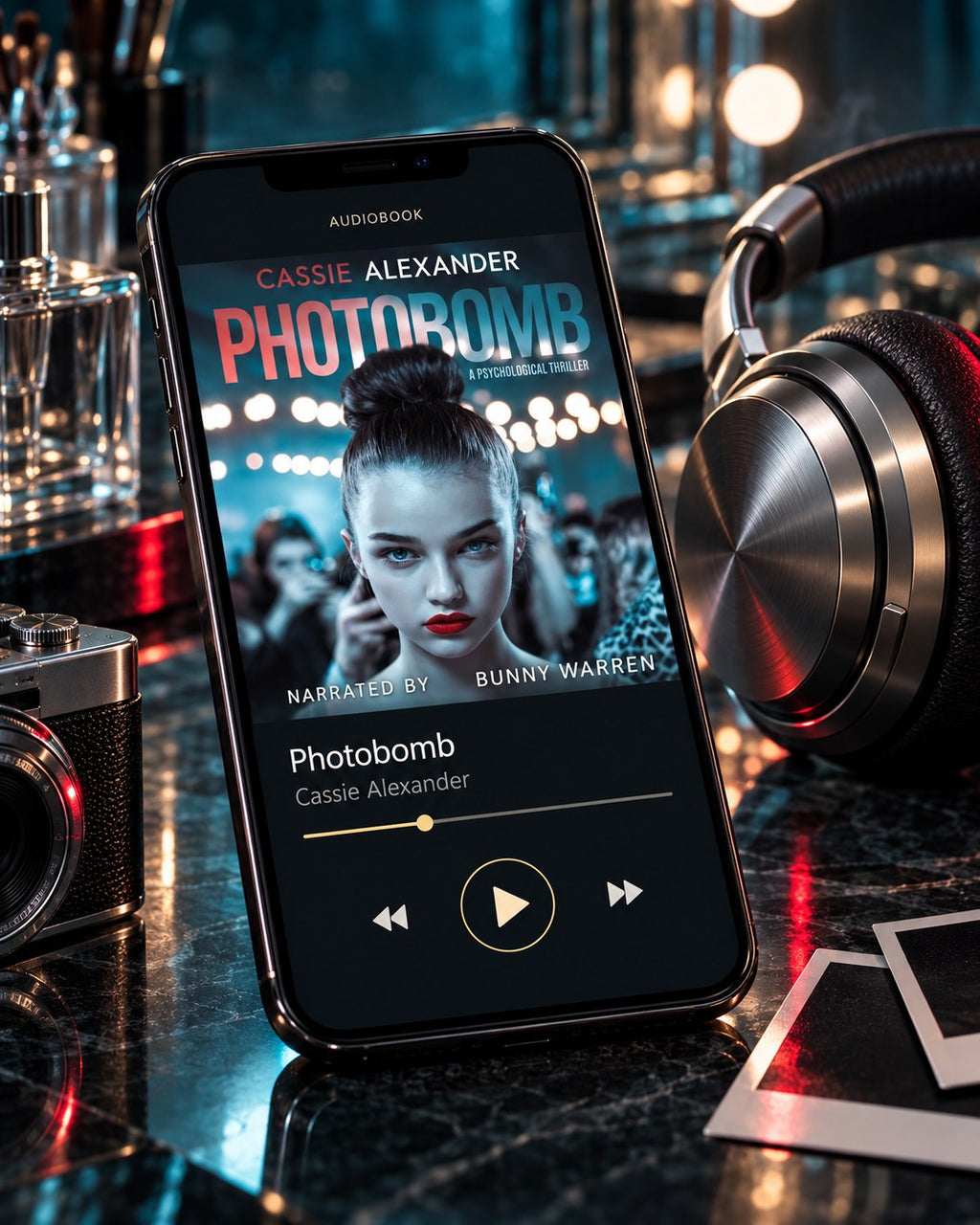 Photobomb audiobook — phone and headphones editorial
