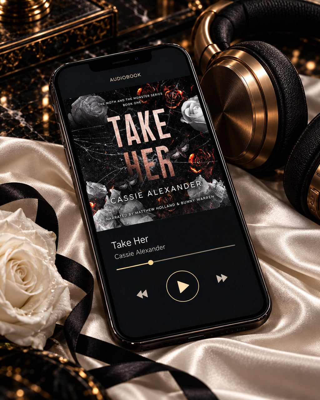 Take Her audiobook — phone and headphones editorial