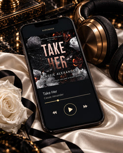 Take Her audiobook — phone and headphones editorial
