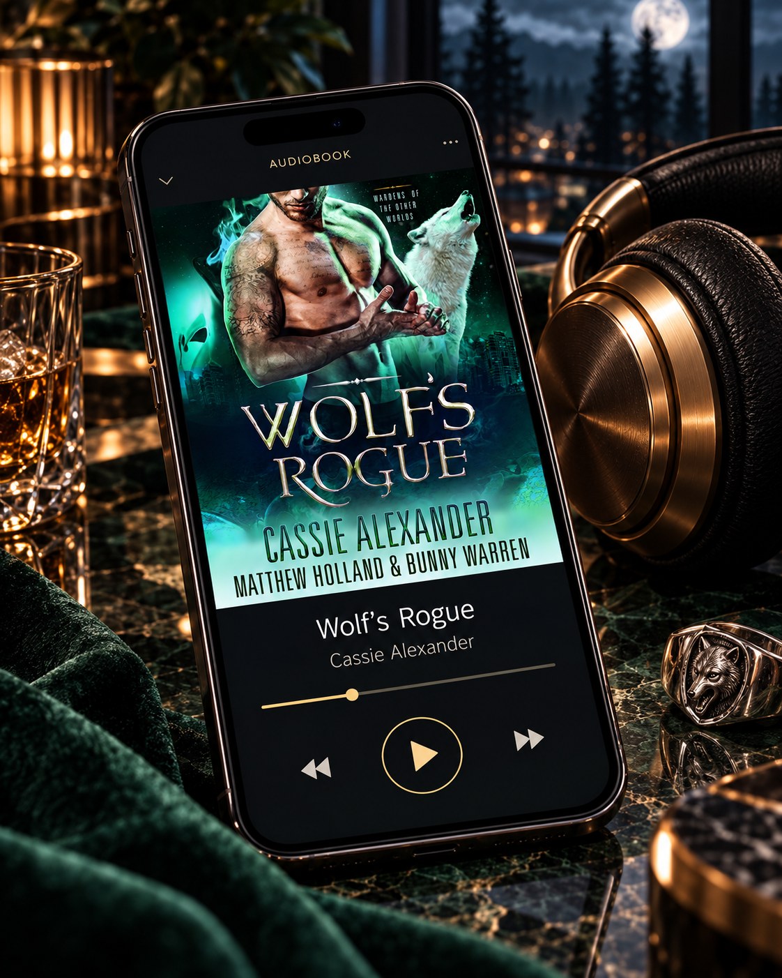 Wolf's Rogue audiobook — phone and headphones editorial