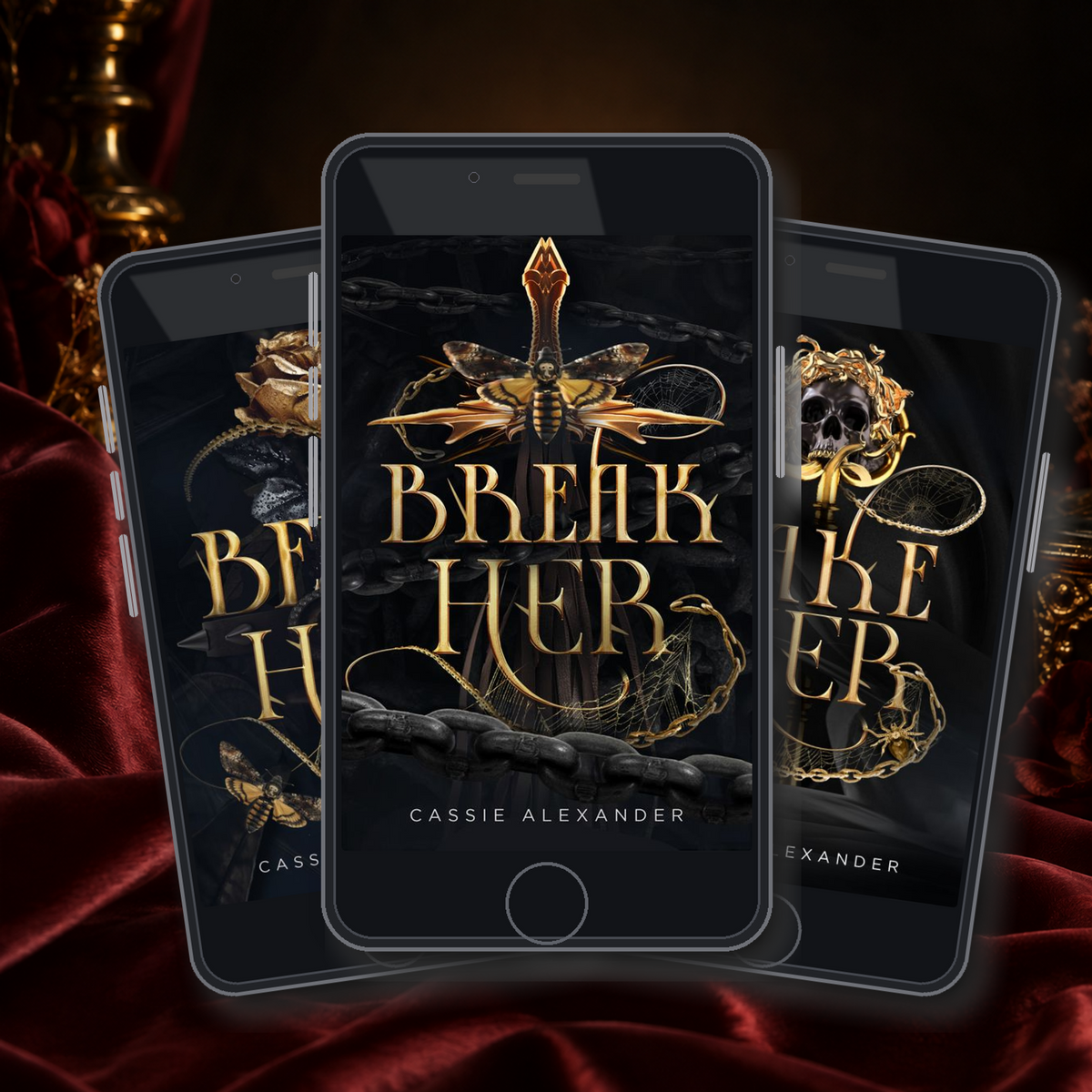 Bend Her, Break Her, and Make Her audiobooks displayed together on phones in an oxblood editorial scene