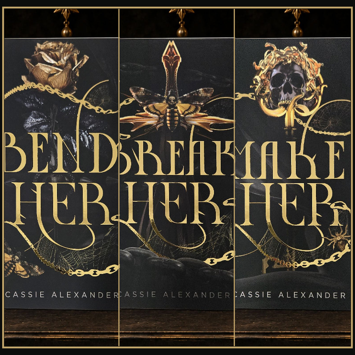 Bend Her, Break Her, and Make Her black-and-gold foil paperbacks in a gilded editorial triptych