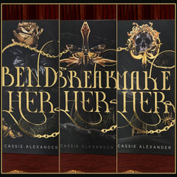Bend Her, Break Her, and Make Her black-and-gold foil paperbacks in an oxblood editorial triptych